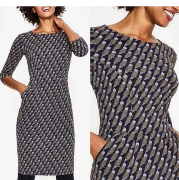 Boden Navy Regal Owl Penny Jersey Dress Size 8L - Picture 6 of 6